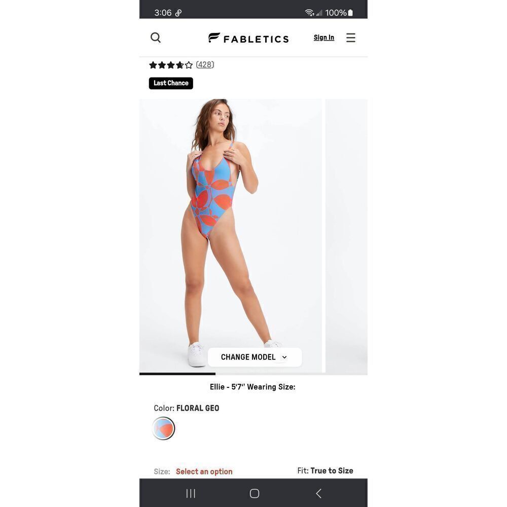 New Small Fabletics Low Back One Piece Floral GEO Cheeky Swimsuit Bathing Suit
